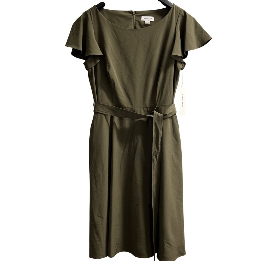 Calvin Klein Dress Olive Green Jersey Knit Belted Size 10 Office Career Capsule